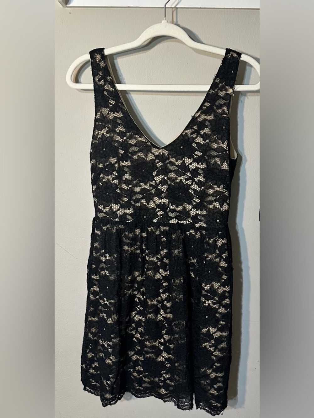 JustFab Black Lace Overlay Dress with Nude Lining